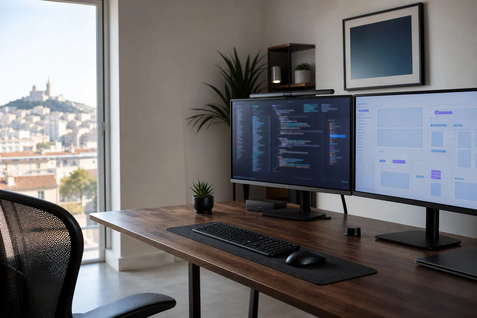 Bureau développeur full-stack à Marseille avec double écran pour création de site Next.js SEO